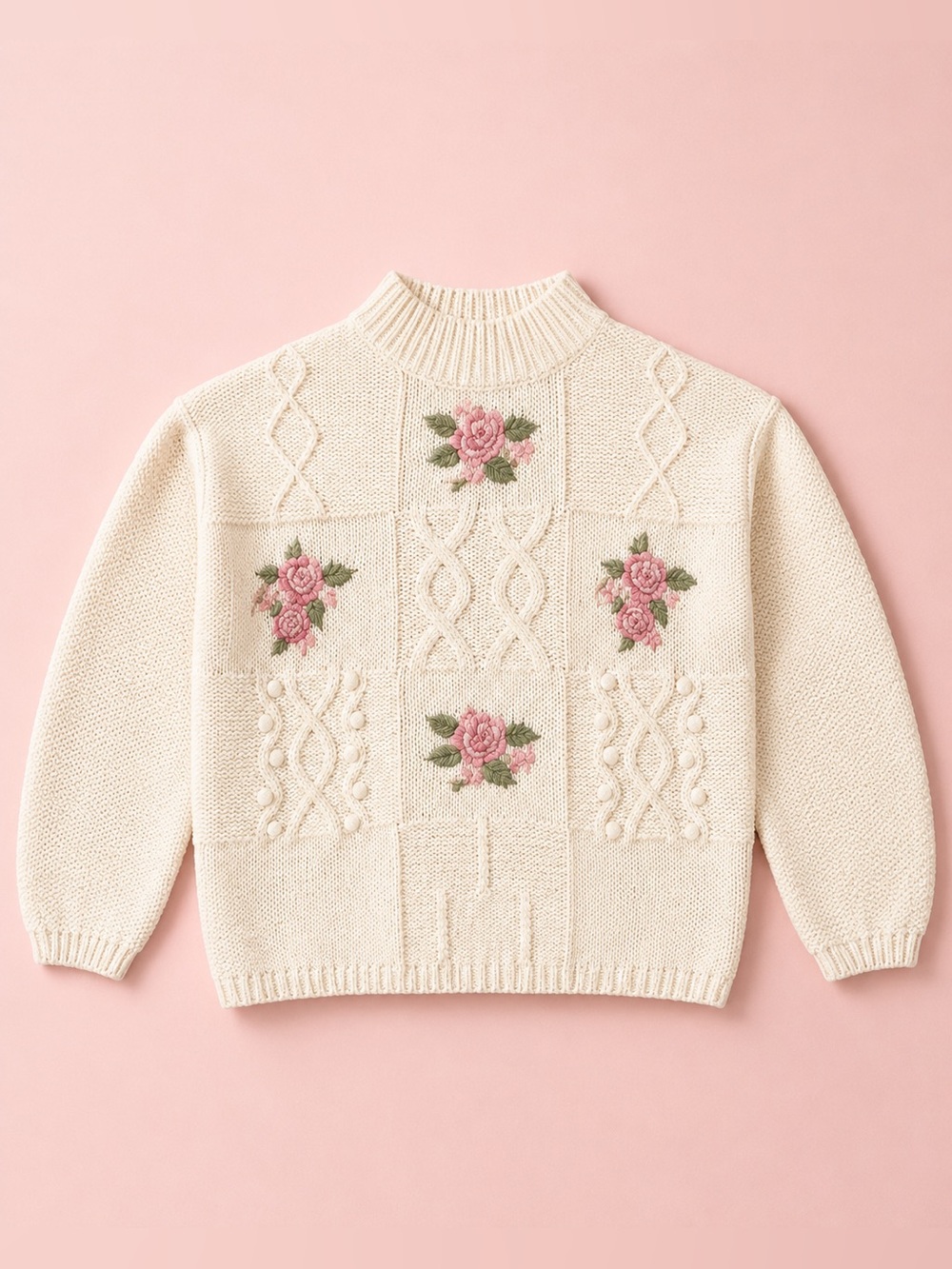 Vintage Shenanigans M Ivory Pink Rose Cable Knit Ramie Cotton Sweater